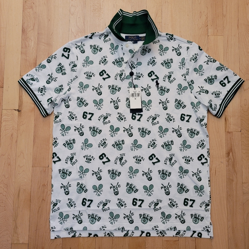 Polo Ralph Lauren Men's Medium Mesh Tennis All Over Shirt White/Green Shirt